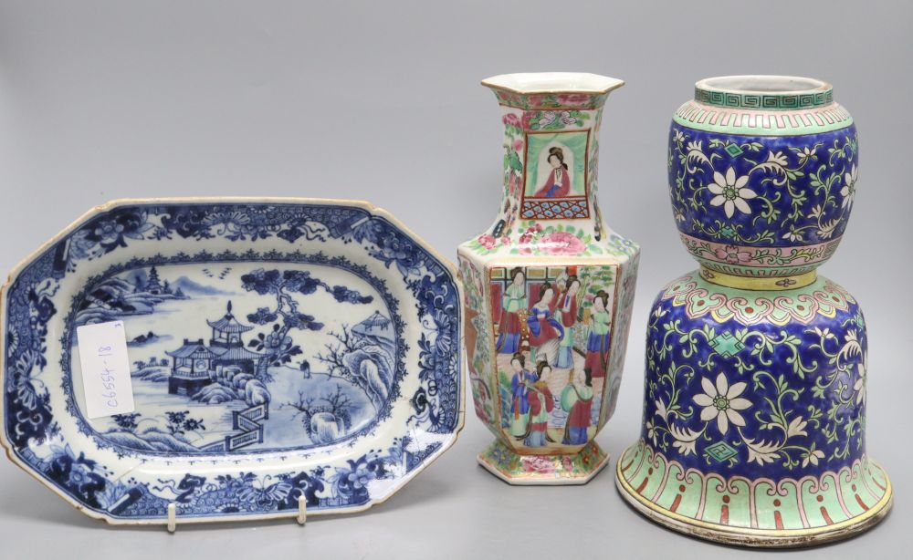 A Chinese blue and white meat dish, a Cantonese vase and another piece, tallest 24cm